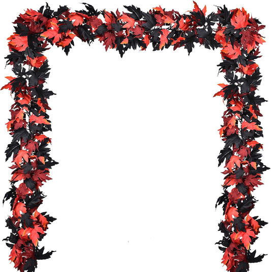 DearHouse 2 Pack Fall Maple Leaf Clearance, 5.9Ft/Piece Halloween Maple Foliage Garland Black and Red Autumn Decor for Home Fireplace Party