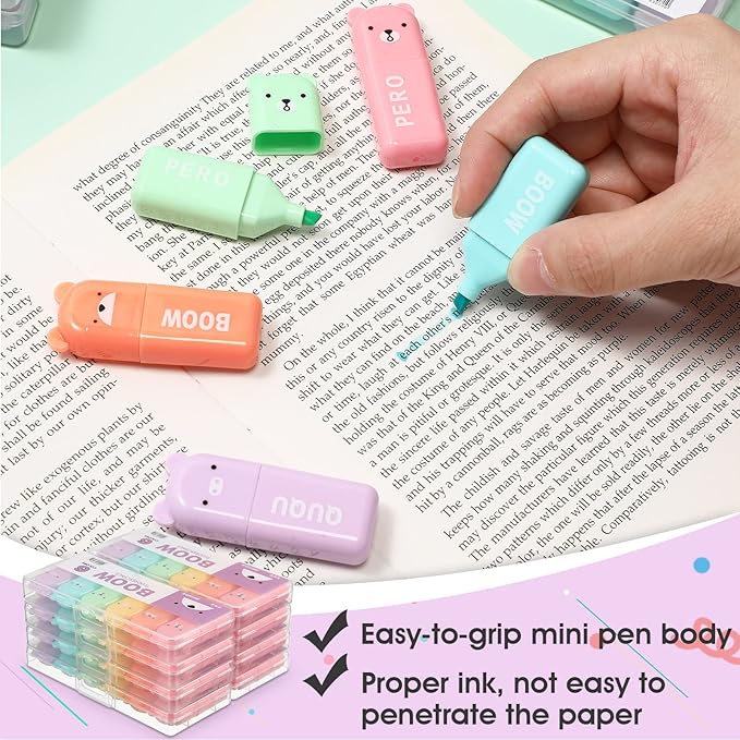 Fuutreo 60 Pcs Cute Mini Bear Highlighter Pens Kawaii Highlighter Set Back to School Gift Assorted Pastel Colors Chisel Tip Marker Pens for Kids Students Adults School Office Supplies
