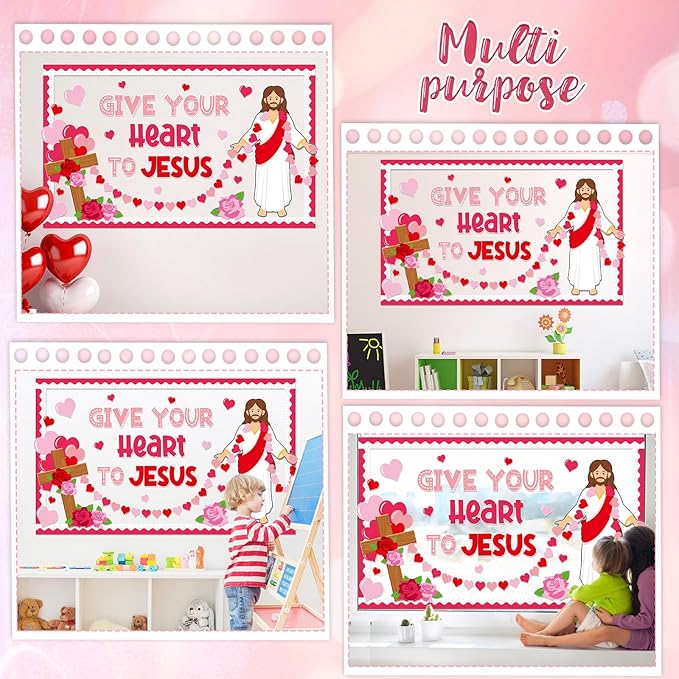Valentine's Day Jesus Bulletin Board Set Valentines Religious Christian Classroom Decorations Give Your Heart to Jesus Love Heart Rose Cross Paper Cutouts for Sunday School Home Chalkboard Wall Decor