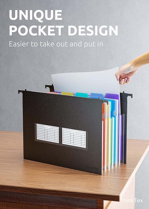 ThinkTex Plastic Expanding Hanging File Folders, 7 Innovative 1.2" Accordion Pockets, Large Capacity, Multi-Color Tabs, Letter Size for File Cabinet - 1-Pack