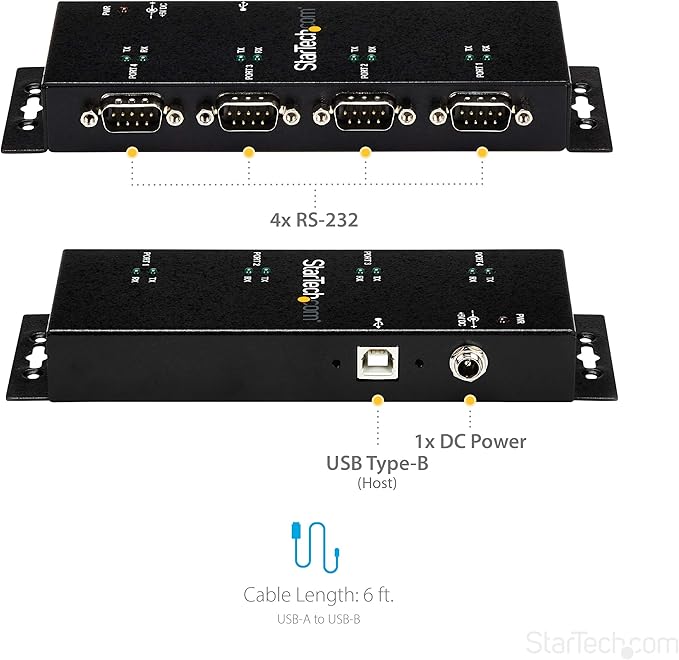 StarTech 4 Port USB to Serial RS232 Adapter - Wall Mount - Din Rail - COM Port Retention - FTDI USB to DB9 RS232 Hub, TAA (ICUSB2324I)