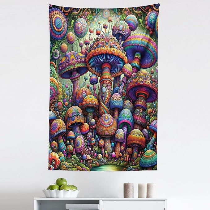 Ambesonne Mushroom Tapestry, Art Trippy Jungle with Colorful Huddles of Oriental Motifs Outer World Psychedelic, Fabric Wall Hanging Decor for Bedroom Living Room Dorm, 30" X 45", Multicolor