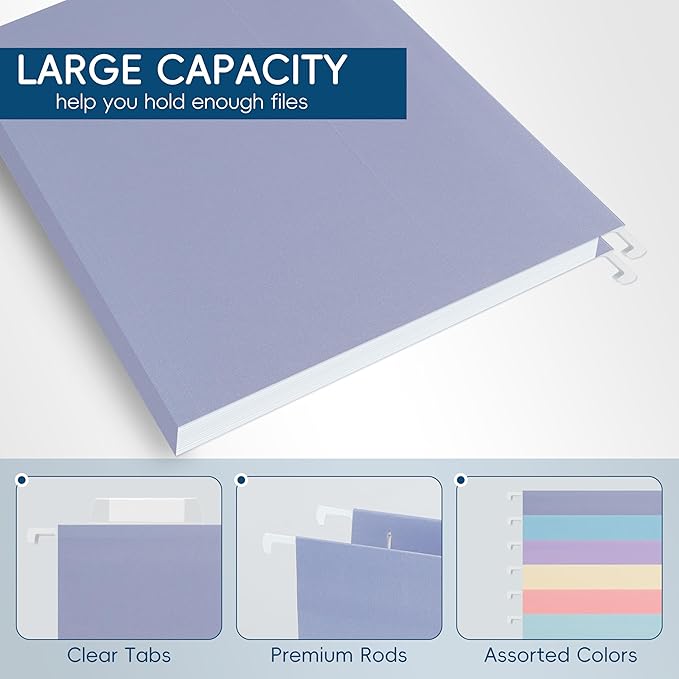 Hanging File Folders,Purple 25 Pack Letter Size File Folders with 1/5-cut Tabs,Office Essentials for Filing Cabinet & Desk Storage