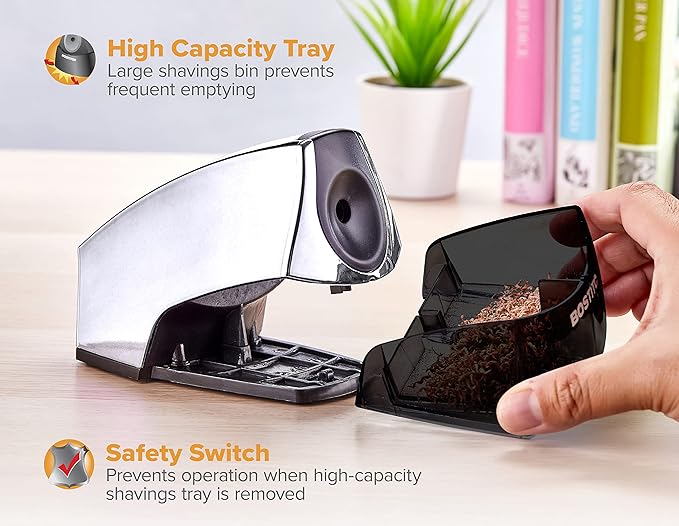 Bostitch Office Electric Pencil Sharpener, Heavy Duty Powerful Stall-Free Motor, High Capacity Shavings Tray, Chrome Metallic