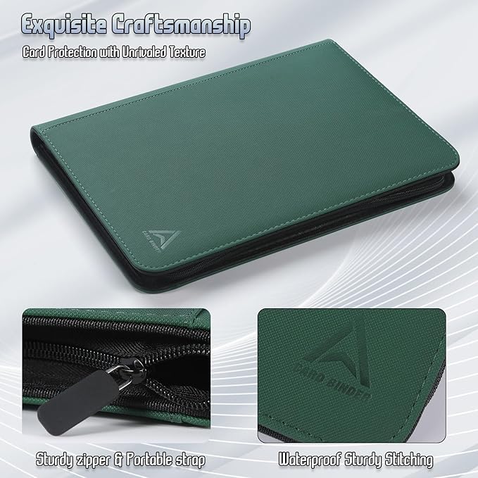 9 Pocket Card Binder - 540 Capacity with Zip Closure Premium, Double-Sided,Sturdy & Sleek PU Leather Protector for MTG, TCG, Sport & Collectible Cards (green)