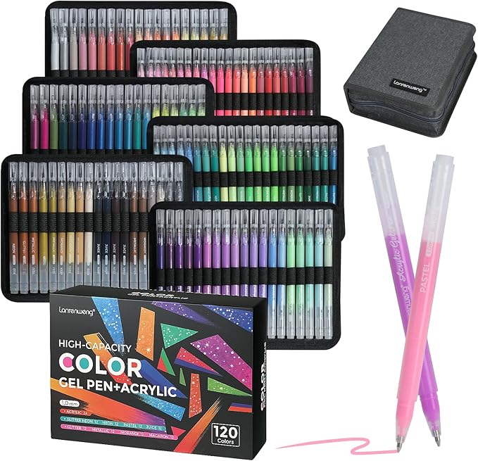 120 Color Gel Pens for Adult Coloring Books,1.0mm Bullet Tip Acrylic Gel Pens,Glitter Colored Gel Pens Set,Large Capacity Artist Maker Pens for Drawing Doodling Journaling, Art Supplies and DIY Crafts