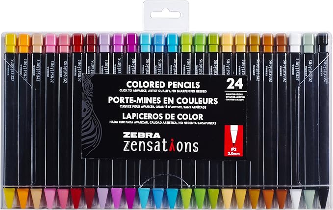 Zebra Pen Zensations Mechanical Colored Pencils, Assorted Colors, 2.0mm Bold #2 Lead, Refillable, Triangular Barrel to Prevent Rolling, 24-Pack (08124)