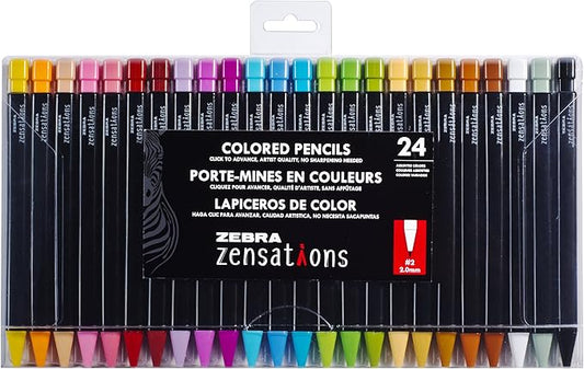 Zebra Pen Zensations Mechanical Colored Pencils, Assorted Colors, 2.0mm Bold #2 Lead, Refillable, Triangular Barrel to Prevent Rolling, 24-Pack (08124)