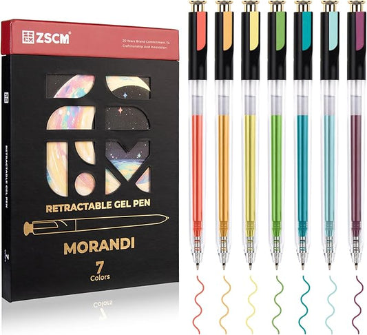 Retractable Morandi Gel Pens, 7 Colors Large Capacity Muted Grayish Gel Ink Pens for Adult Coloring, 1.0 mm Fine Point Smooth Writing Color Pen for Minimalist Art Note Taking Aesthetic Art Supplies