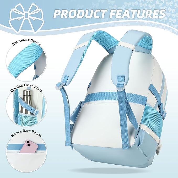 School Backpack for Girls 3PCS Nylon Kids Backpack Set with Lunch Box & Pencil Pouch, Cute Lightweight Teen Girls School Bag Laptop Bag Travel Daypack for Elementary Middle High School Beige Blue