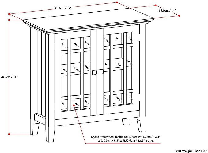SIMPLIHOME Bedford Storage Cabinet - 32 inch Wide Solid Wood Low Media Cabinet in Dark Tobacco Brown, Transitional Console for Living Room, Entryway, or Dining Room with Glass Doors and Shelves