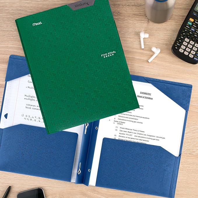 Five Star 2-Pocket Folder,Plastic Folder with Stay-Put Tabs and Prong Fasteners,Holds 8-1/2" x 11" Paper,Black,Fire Red,Forest Green,Pacific Blue (38048),(Pack of 24)