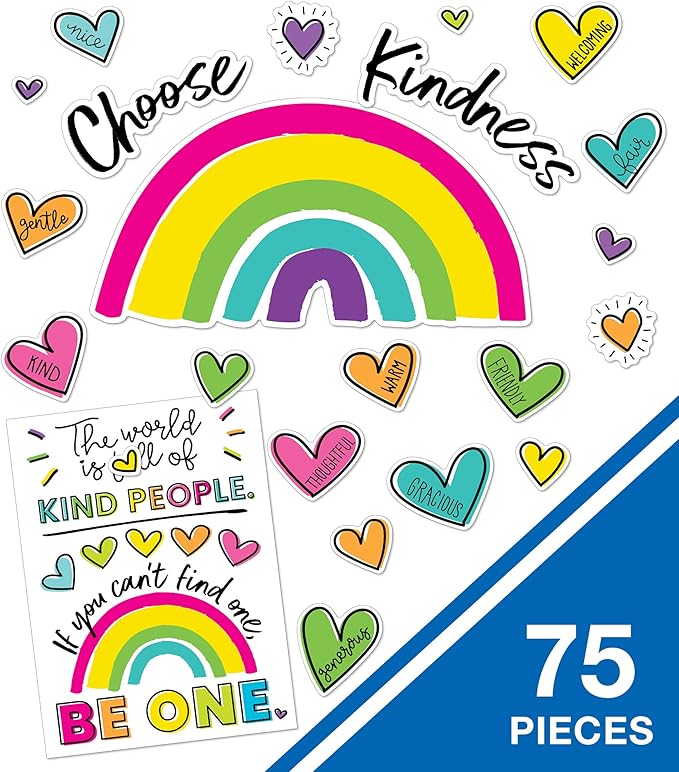 Carson Dellosa Kind Vibes 75 pc Bundle Motivational Bulletin Board Set, Poster, Rainbow, and Heart Cutouts with Positive Affirmations, Classroom Decor