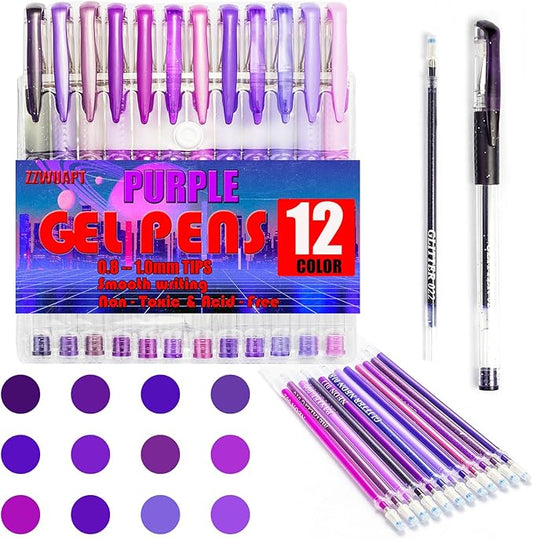 Purple Gel Pens,Colored Gel Pens Set including 12 Color Gel Pen with 24 Refills,40% More Ink Colored Gel Pens for Adult Drawing, Doodling, Scrapbook, Journaling