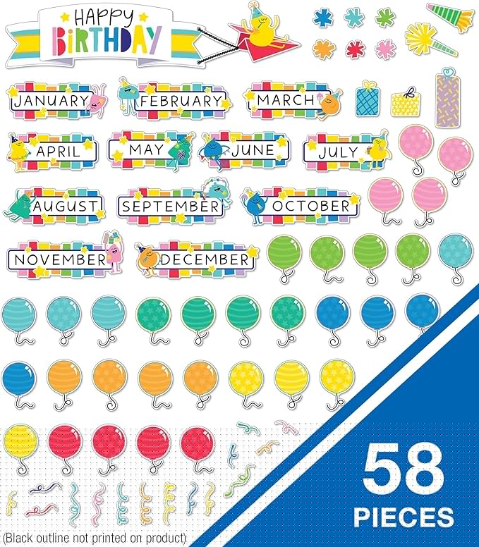 Carson Dellosa Happy Place 73 pc Bundle of Birthday Decorations, Monthly Calendar Headers, Confetti, Cupcakes, Presents, and Balloon Cutouts for Party, Classroom, Bulletin Board, and Wall Decor
