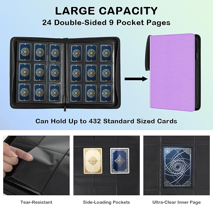 Card Binder 9 Pocket - 432 Cards, Premium Textured & Patterned PU Leather Album, 24 Page Zippered Side-Loading for Baseball, TCG, Trading & Sports Cards (Unique Textured Purple)