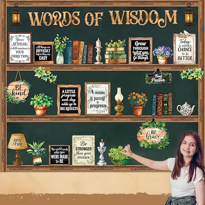 57 Pcs Vintage Plant Bulletin Board Set Inspirational Greenery Classroom Decoration Potted Plant Flower Cutout for School Office Chalkboard Door Wall Decor