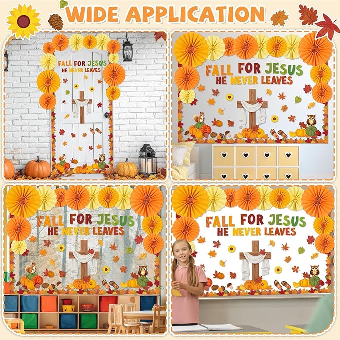 Fall Christian Bulletin Board Decorations Set Fall for Jesus He Never Leaves Paper Cutouts for Classroom Autumn Sunday School Church Cross Cutout for Religious School Office Wall Decor
