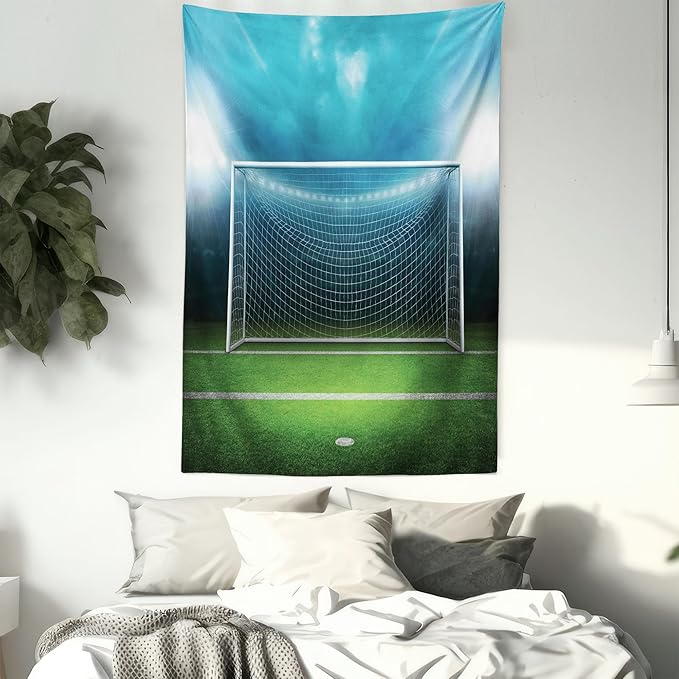 Ambesonne Soccer Tapestry Queen Size, Soccer Goal Post Sports Area Winner Loser Line Floodlit Best Team Finals Game Theme, Wall Hanging Bedspread Bed Cover Wall Decor, Queen Size, Green and Blue