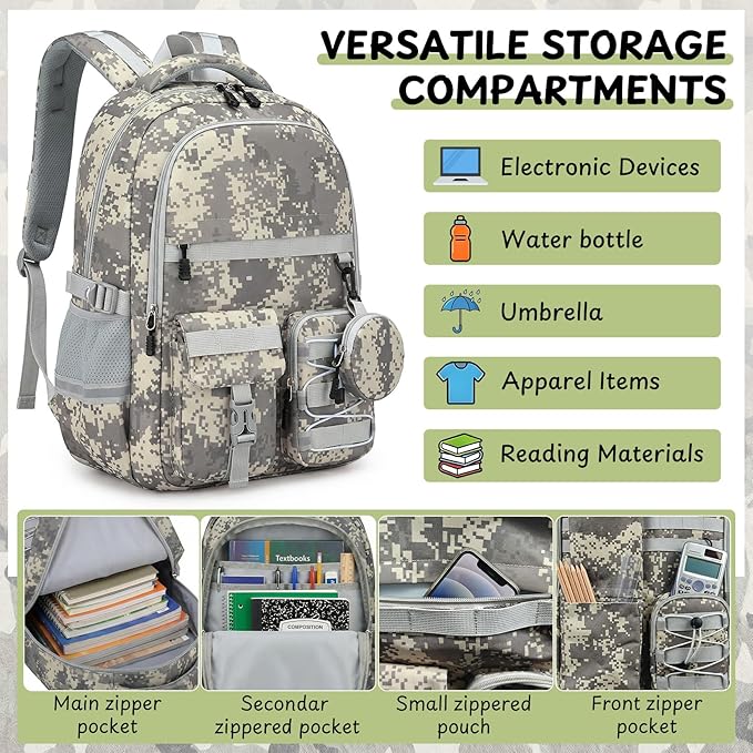 School Backpack for Boys - 5pcs Camo Boys Backpack with Lunch Box Set for Kids Teens Elementary Middle High School,18″ Large Capacity Students Bookbag