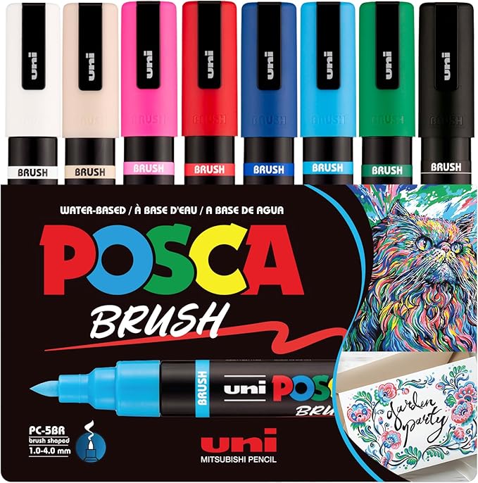 POSCA PC-5BR Water-Based Paint Markers, Reversible Brush Tip (1.0-4.0mm), Assorted Colors, 8 pack