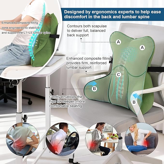 Lumbar Support Pillow(Pat. Pend) for Lower Back Pain Relief – Multi-Functional Ergonomic Lumbar Cushion, Reading Pillow for Office Chair, Car Seat & Sofa,Olive Green