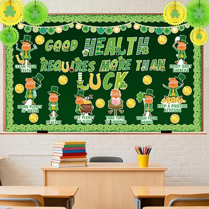 82 Pcs St Patrick's Day Bulletin Board Healthy Habits Decorations Good Health Requires More Than Luck Shamrock Gold Coin March Bulletin Board Set Clover Cutouts for Classroom School Decor