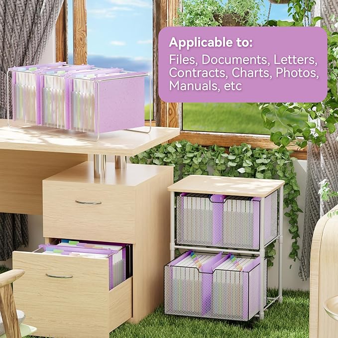 ANSOOK Wheat Straw Expanding Hanging File Folders Letter Size,1.2" Accordion Pockets File Organizer,3 Pack Filing Cabinet Folders,Large Capacity File Folder with Tabs,Purple Hanging File for Frame Box