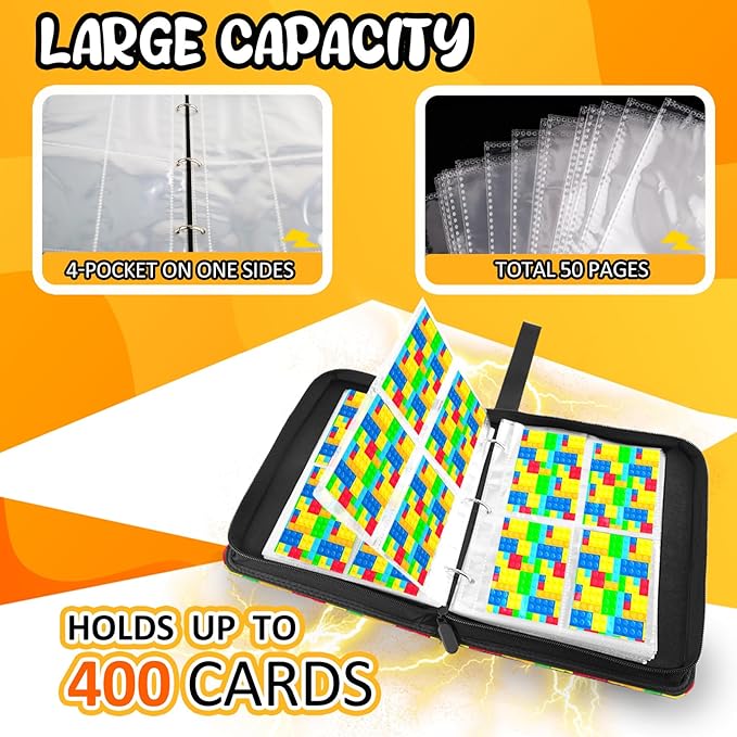 400 Pocket Trading Card Binder with 50 Removable Sleeves, Portable Zippered Card Holder, Collection Album Book Case Storage for MTG, TCG, Sports, Game Cards (Building Block)
