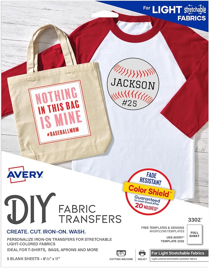 Avery Printable Stretchable Heat Transfer Paper for Light Fabrics, 8.5" x 11", Inkjet Printer, 5 Sheets (3302) (Pack of 6)
