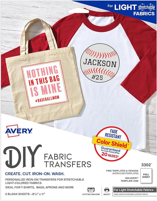 Avery Printable Stretchable Heat Transfer Paper for Light Fabrics, 8.5" x 11", Inkjet Printer, 5 Sheets (3302) (Pack of 6)