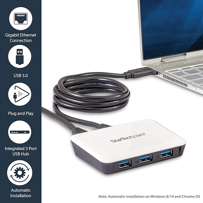 StarTech.com USB 3.0 to Gigabit Ethernet NIC Network Adapter with 3 Port Hub - White - USB 3 Ethernet Adapter - USB Charging Hub (ST3300U3S)