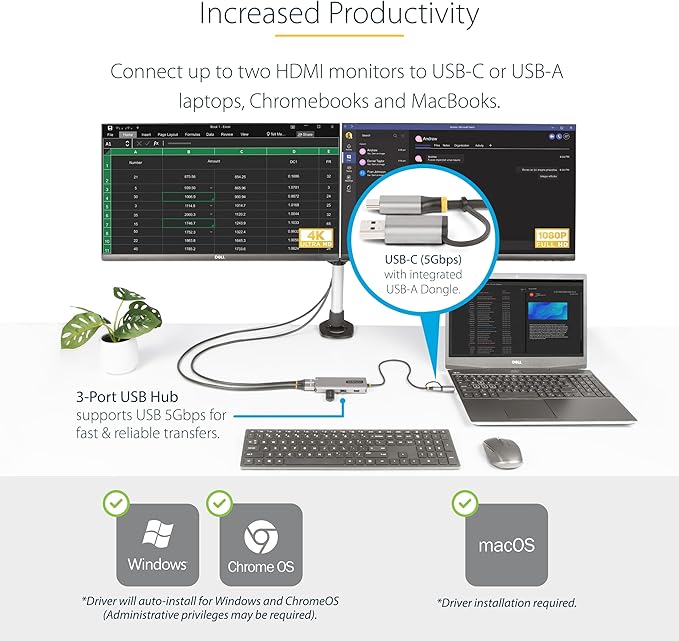 StarTech.com USB-C Multiport Adapter w/Attached USB-C to USB-A Dongle, Dual HDMI (4K30Hz/1080p60Hz), 3X USB-A 5Gbps, Mini Travel Dock, Laptop Docking Station, 1.3ft/40cm Cable (167B-USBC-MULTIPORT)