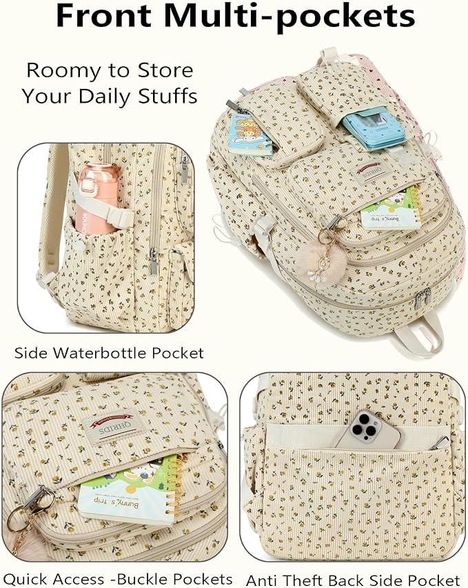 School Backpack Set for Teens Girls Women 3PCS Corduroy Lightweigh Laptop Backpacks with Lunch Box Pencil Kids Elementary Middle High Bags Students 3 in1 Bookbag Travel Daypack, Floral
