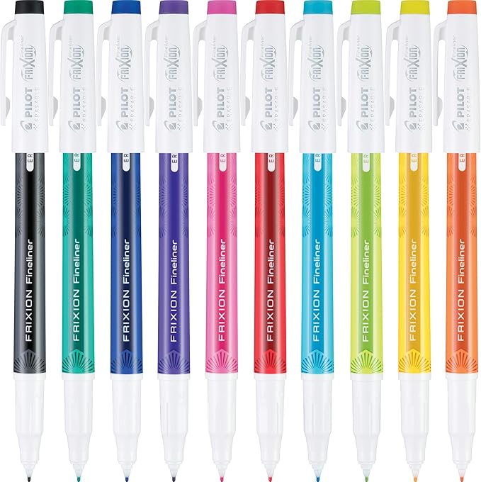 Pilot FriXion Fineliner Erasable Marker Pens, Fine Point 0.7 mm, Pack of 10, Classic Colors, Erasable Pens - Ideal for School, Journaling, & Office Writing