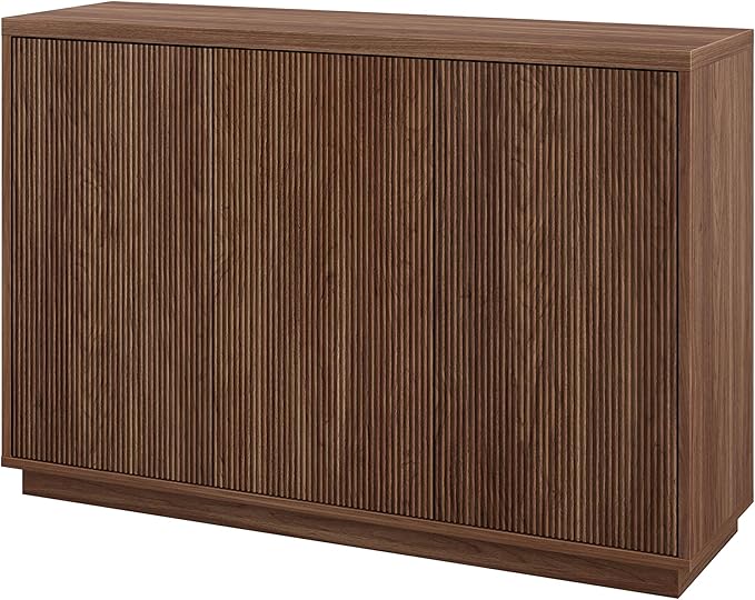 Henn&Hart 47.5'' Fluted Sideboard Buffet Cabinet, Ribbed Modern Wooden Credenza with 3 Doors, Adjustable Shelves, and Cable Management Cut-Outs for Dining Room, Kitchen or Living Room, Satin Walnut