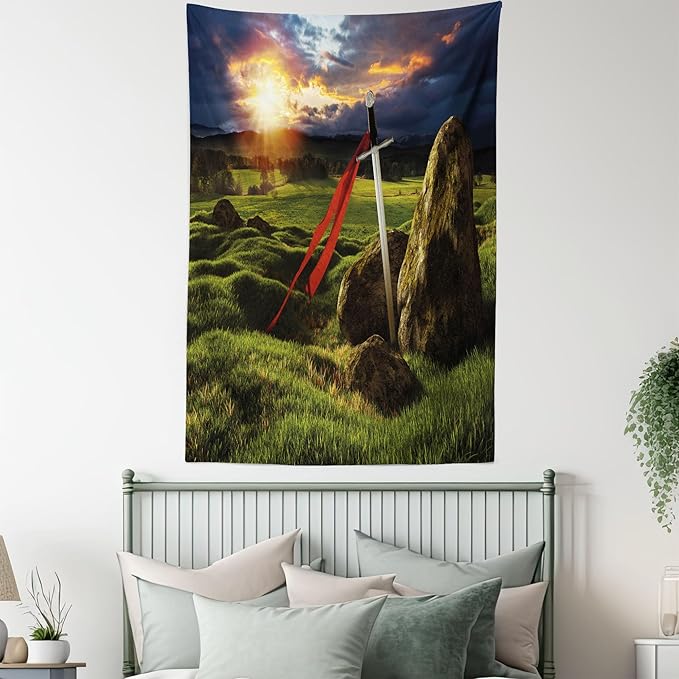 Ambesonne King Tapestry Queen Size, Arthur Camelot Myth in England Ireland Fields Invincible Myth Image, Wall Hanging Bedspread Bed Cover Wall Decor, 88" X 88", Green Blue Red