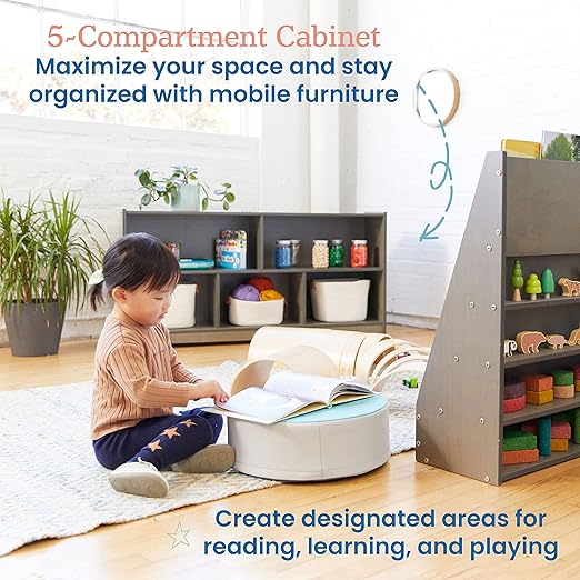 ECR4Kids 5-Compartment Mobile Storage Cabinet, Toddler, Classroom Furniture, Grey Wash