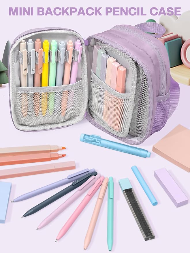 51 PCS Aesthetic School Supplies with Cute Pencil Case, 12 Pastel Highlighters, 8 Quick Dry Retractable Black Ink Pens, 6 Pastel Mechanical Pencil Student Stationary Bible Study Supplies(Purple)