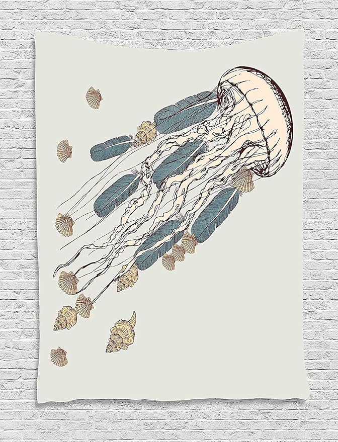 Ambesonne Jellyfish Tapestry, Boho Feather Tentacles Shells Vintage Art Print Under the Sea Tribal Fish, Wall Hanging for Bedroom Living Room Dorm Decor, 40" X 60", Beige Brown