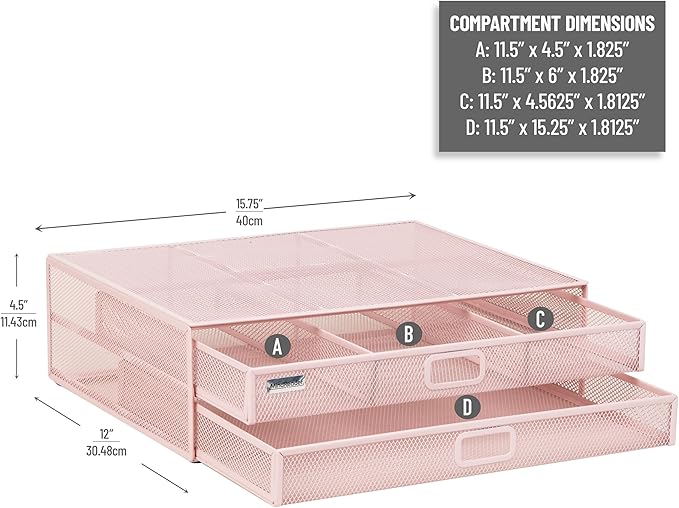 Mind Reader Mesh Monitor Stand with Storage Drawer, Ventilated Laptop Riser and Desktop Organizer, Office, Metal Mesh, Pink