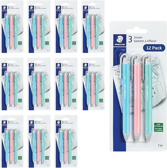STAEDTLER Vinyl Eraser Holder 12-Pack (12 Sets of 3 pcs): 3 Units Retractable Erasers for Pencils, Soft Vinyl, Latex-Free, Clean Edges, No Smudges, Pastel Colors, 36 Count