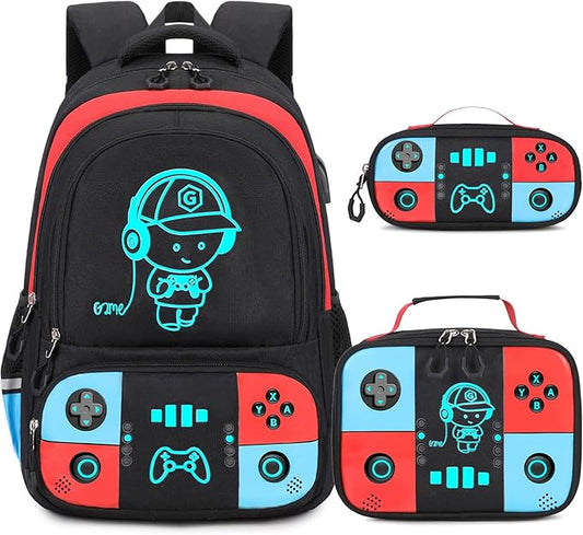 Bevalsa Backpack for School Boys, Cool Luminous Gamer Boys Backpack with Lunch Box & Pencil Pouch Set for Kids Children Teens Elementary Middle Schools, Schoolbag Bookbag Glow In The Dark (Red Blue)