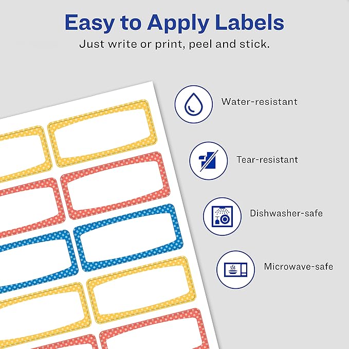 Avery Durable Labels for Kids' Gear, 3/4" x 1-3/4", Assorted Border Colors, Water-Resistant Labels, Writable and Laser/Inkjet Printable, 60 Per Pack, 180 Stickers Total (3-Pack of 31442)