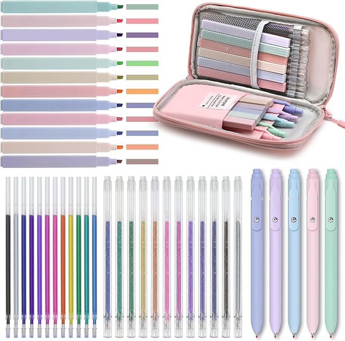 42 Pack Gel Pens for Coloring Books, 5 Gel Pens 0.5mm Black Ink, 12 Vibrant Sparkle Metallic Glitter Pens with 12 extra refills for enduring use, 12 Pastel Highlighters for Man Woman(Pink)