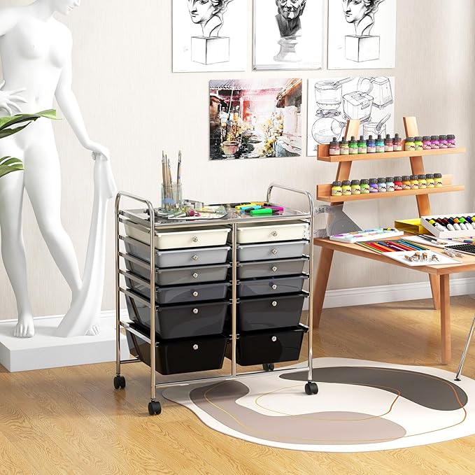 COSTWAY 12-Drawer Rolling Storage Cart, Moveable Art Craft Organizer W/Lockable Wheels, Metal Shelf, Files Arrangement Tools Makeup Storage Cart for Office, Home, School, Mixed Black