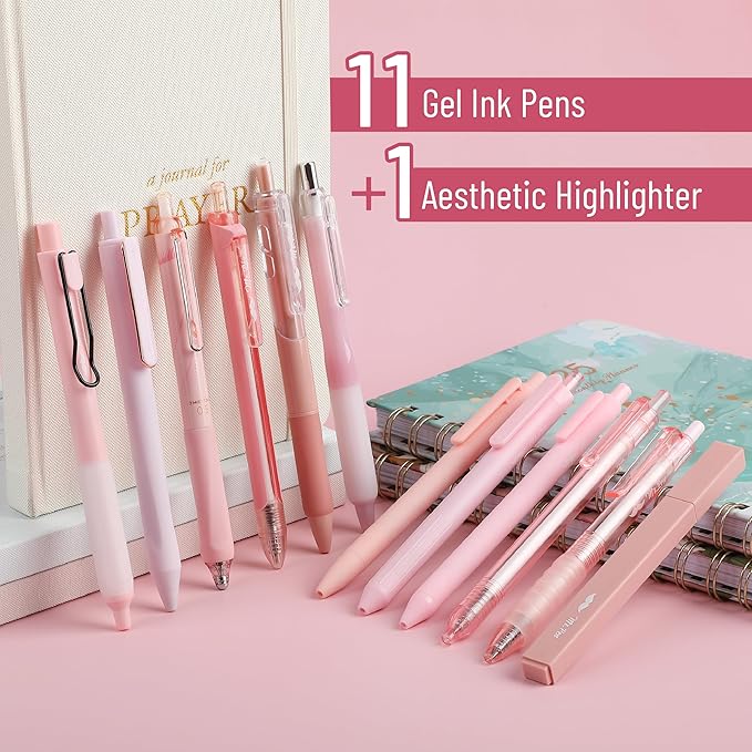 Mr. Pen- Gel Ink Pink Pen Set, 12 Pack, 1 x Aesthetic Highlighter, 0.5mm Cute Pink Pens Black Ink with Pastel Barrels