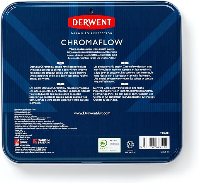 Derwent Chromaflow Colored Pencils Tin, Set of 48, Great for Holiday Gifts, 4mm Wide Core, Multicolor, Smooth Texture, Art Supplies for Drawing, Blending, Sketching, Professional Quality (2306013)