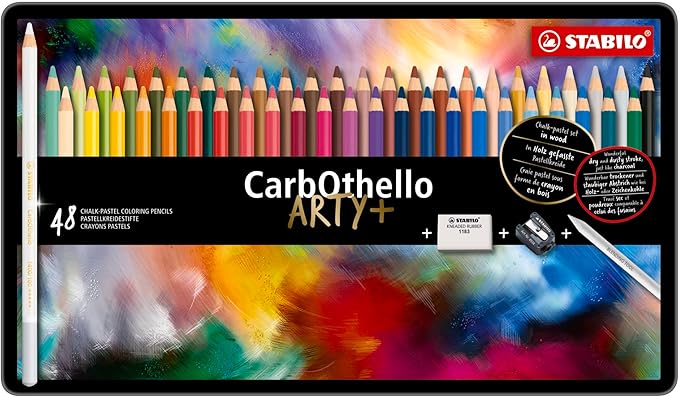 STABILO Chalk-Pastel Artist Colored Pencil CarbOthello Tin Set of 48, Eraser, Sharpener, Blender - Watercolor Effects