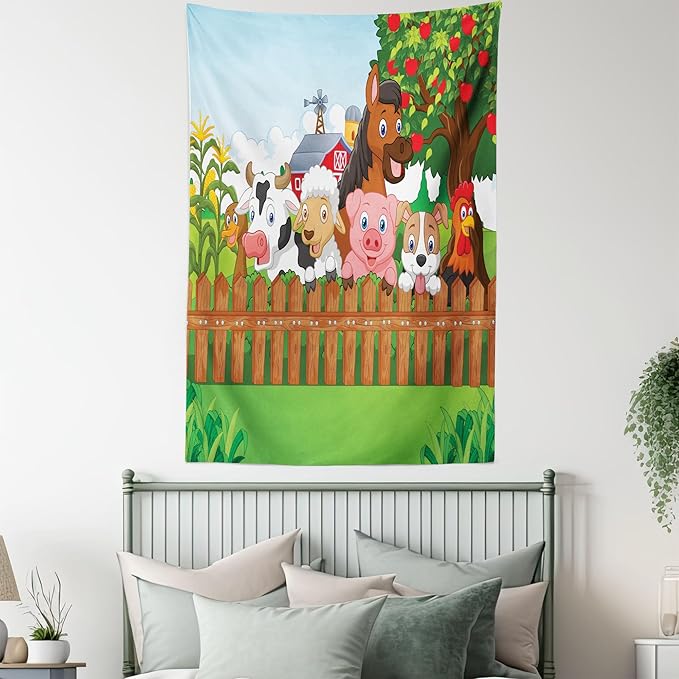 Ambesonne Cartoon Tapestry Queen Size, Composition Farm Animals on Fence Comic Mascots Dog Cow Horse Design, Wall Hanging Bedspread Bed Cover Wall Decor, 88" X 88", Green Multicolor